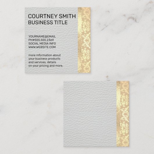 Gold Foil Metallic Trim Damask White Leather Vierkante Visitekaartje (Voorkant / Achterkant)