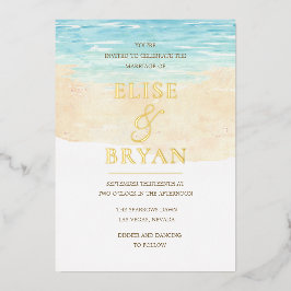 Gold Foil Modern Waterverf Beach Wedding Folie Uitnodiging