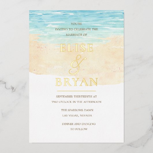 Gold Foil Modern Waterverf Beach Wedding Folie Uitnodiging (Voorkant)