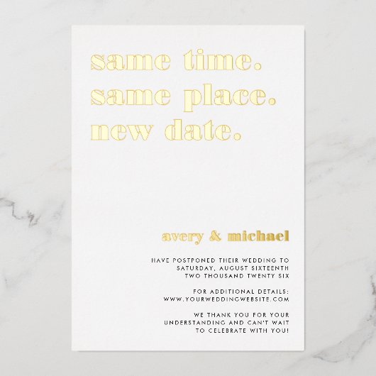 Gold Foil Modern Wedding Postponement Kaart (Voorkant)
