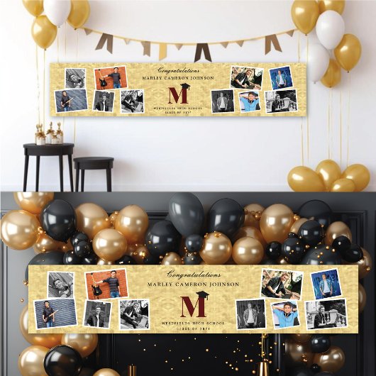 Gold Foil Monogram 10 Multi Photo Graduation Party Spandoek