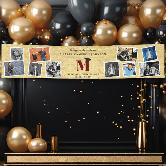 Gold Foil Monogram 10 Multi Photo Graduation Party Spandoek