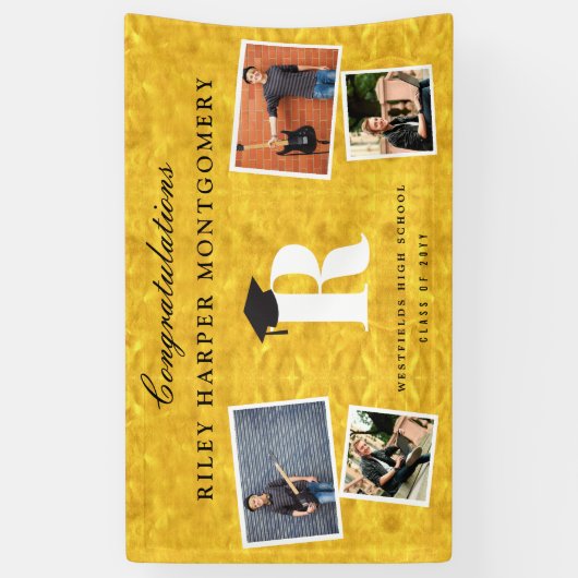 Gold Foil Monogram 4 Foto Modern Graduation Party Spandoek (Verticaal)