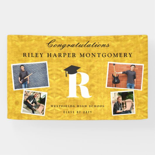 Gold Foil Monogram 4 Foto Modern Graduation Party Spandoek (Horizontaal)