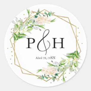 Gold Foil Monogram Geometric Greenery Wedding Ronde Sticker