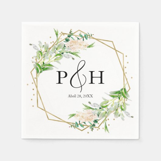 Gold Foil Monogram Geometric Greenery Wedding Servet (Voorkant)