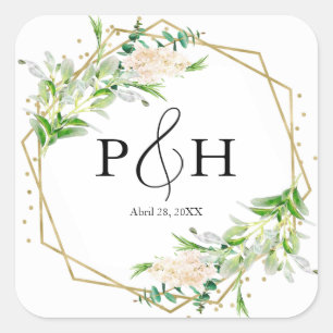 Gold Foil Monogram Geometric Greenery Wedding Vierkante Sticker