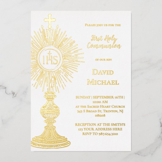 Gold foil monstrance | First Holy Communion Folie Uitnodiging (Voorkant)