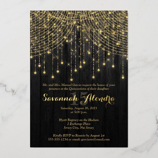 Gold Foil Name - Black, Gold Quinceañera Invite Folie Uitnodiging (Voorkant)