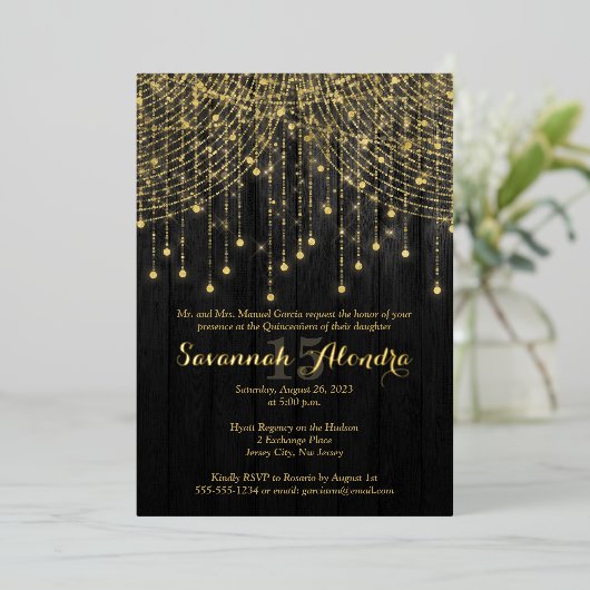 Gold Foil Name - Black, Gold Quinceañera Invite Folie Uitnodiging (Staand Voorkant)
