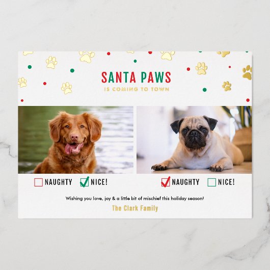 Gold Foil Naughty of Nice Two Dog Photo Card Folie Feestdagenkaart (Voorkant)