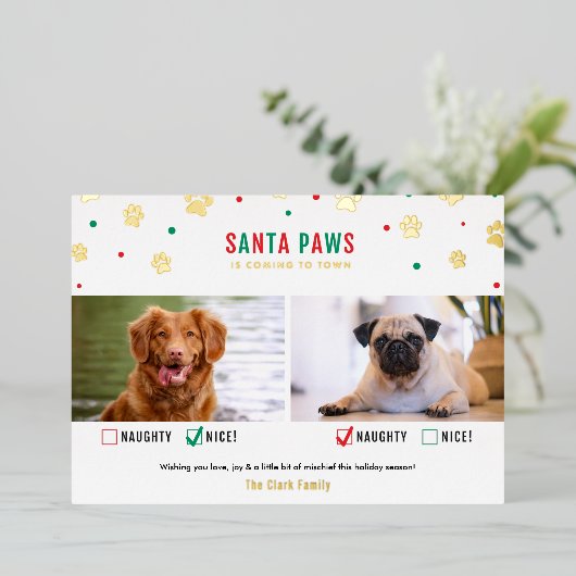 Gold Foil Naughty of Nice Two Dog Photo Card Folie Feestdagenkaart (Staand Voorkant)