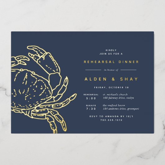 Gold Foil Nautical Crab Rehearsal Dinner Folie Uitnodiging (Voorkant)