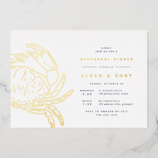 Gold Foil Nautical Crab Rehearsal Dinner Folie Uitnodiging (Voorkant)