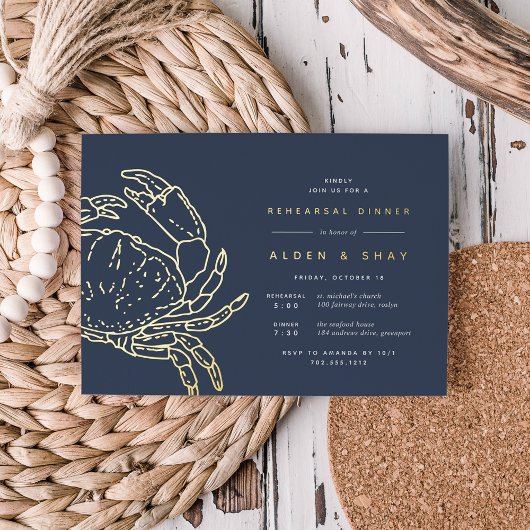 Gold Foil Nautical Crab Rehearsal Dinner Folie Uitnodiging