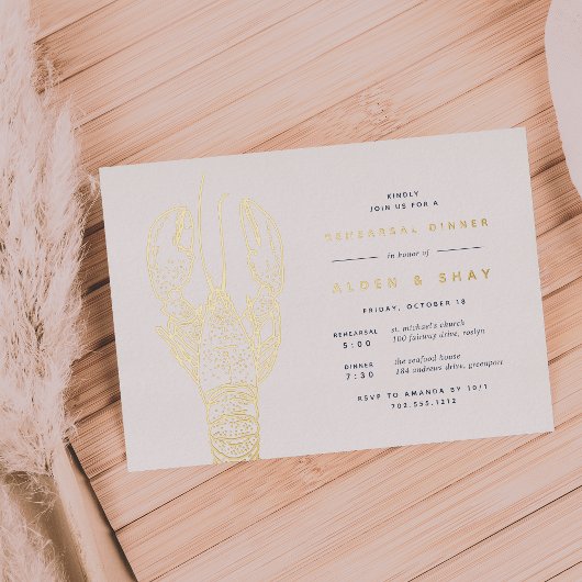 Gold Foil Nautical Lobster Rehearsal Dinner Folie Uitnodiging