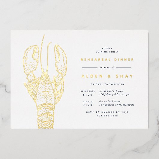 Gold Foil Nautical Lobster Rehearsal Dinner Folie Uitnodiging (Voorkant)