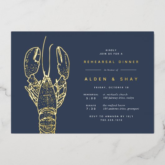 Gold Foil Nautical Lobster Rehearsal Dinner Folie Uitnodiging (Voorkant)