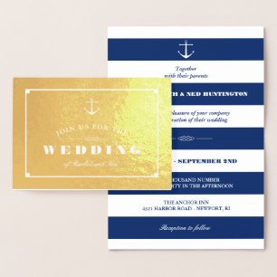 Gold Foil & Navy Blue Stripes Nautical Wedding Folie Kaarten