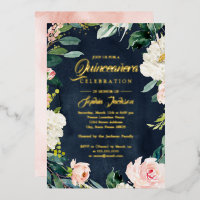 GOLD FOIL Navy Blush Floral Wreath Quinceanera