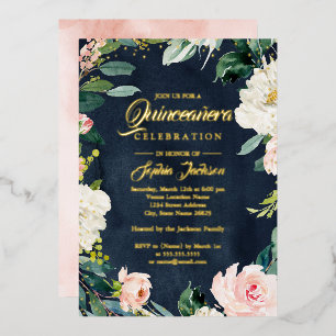 GOLD FOIL Navy Blush Floral Wreath Quinceanera Folie Uitnodiging