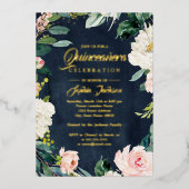 GOLD FOIL Navy Blush Floral Wreath Quinceanera Folie Uitnodiging (Voorkant)