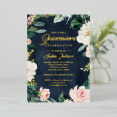 GOLD FOIL Navy Blush Floral Wreath Quinceanera Folie Uitnodiging (Staand Voorkant)