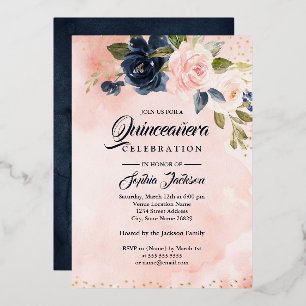 GOLD FOIL Navy Blush Pink Floral Quinceanera Folie Uitnodiging