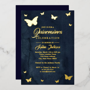 GOLD FOIL Navy Butterfly Quinceanera Folie Folie Uitnodiging
