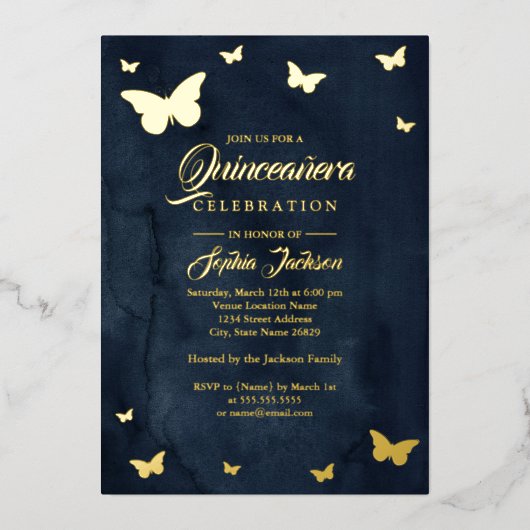 GOLD FOIL Navy Butterfly Quinceanera Folie Folie Uitnodiging (Voorkant)