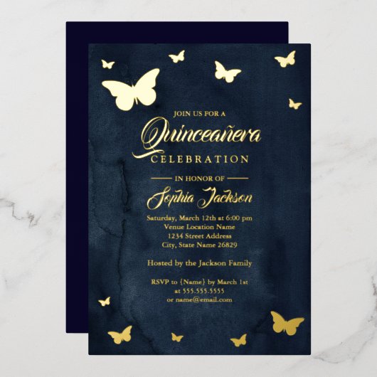 GOLD FOIL Navy Butterfly Quinceanera Folie Folie Uitnodiging (Voorkant / Achterkant)