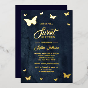 GOLD FOIL Navy Butterfly Sweet 16 Gold Folie Uitnodiging