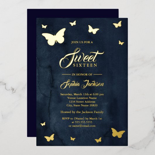GOLD FOIL Navy Butterfly Sweet 16 Gold Folie Uitnodiging (Voorkant / Achterkant)