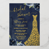 GOLD FOIL Navy Gold Floral Dress Vrijgezellenfeest Folie Uitnodiging (Voorkant)