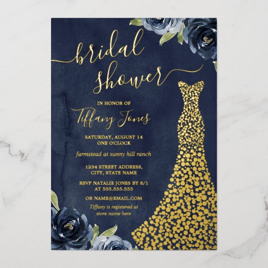 GOLD FOIL Navy Gold Floral Dress Vrijgezellenfeest Folie Uitnodiging (Voorkant)