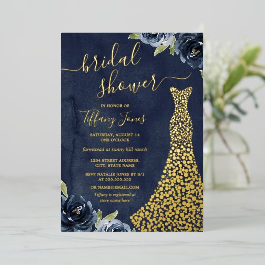 GOLD FOIL Navy Gold Floral Dress Vrijgezellenfeest Folie Uitnodiging (Staand Voorkant)