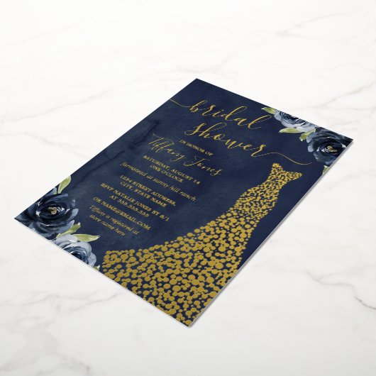 GOLD FOIL Navy Gold Floral Dress Vrijgezellenfeest Folie Uitnodiging (Gedraaid)