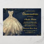 GOLD FOIL Navy Gold Sparkle Dress Quinceanera Folie Uitnodiging (Voorkant)