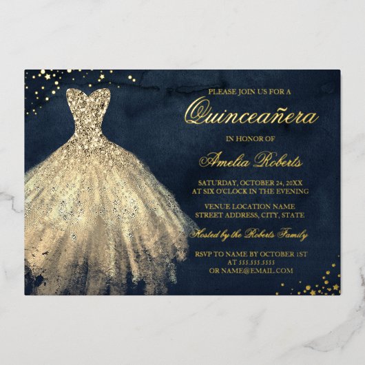 GOLD FOIL Navy Gold Sparkle Dress Quinceanera Folie Uitnodiging (Voorkant)