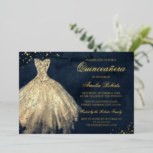 GOLD FOIL Navy Gold Sparkle Dress Quinceanera Folie Uitnodiging (Staand Voorkant)