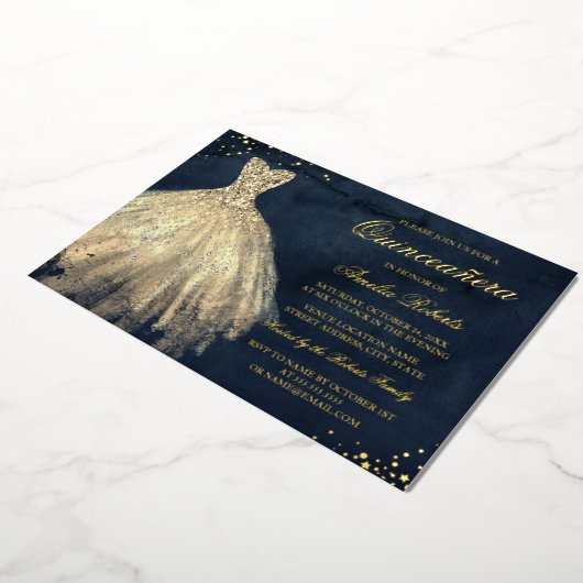 GOLD FOIL Navy Gold Sparkle Dress Quinceanera Folie Uitnodiging (Gedraaid)