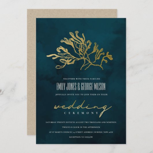 GOLD FOIL NAVY UNDERWATER SEAWEEDS WEDDING INVITE BEDANKKAART (Voorkant / Achterkant)