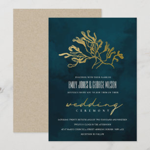 GOLD FOIL NAVY UNDERWATER SEAWEEDS WEDDING INVITE BEDANKKAART