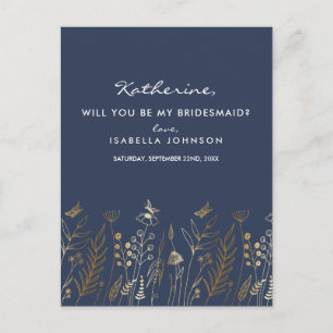 Gold Foil Navy Wil jij mijn bruidsmeisje zijn? Uitnodiging Briefkaart