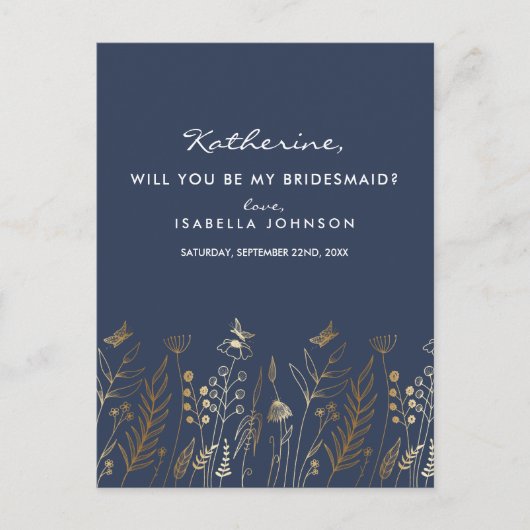 Gold Foil Navy Wil jij mijn bruidsmeisje zijn? Uitnodiging Briefkaart (Voorkant)