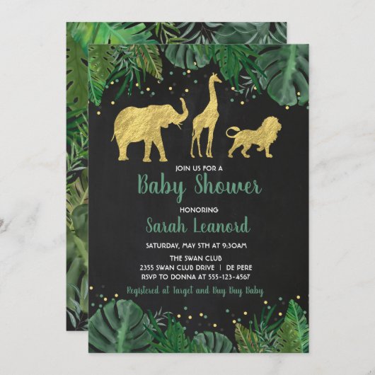 Gold Foil Oerwoud Safari Dierendouche Uitnodiging (Voorkant / Achterkant)