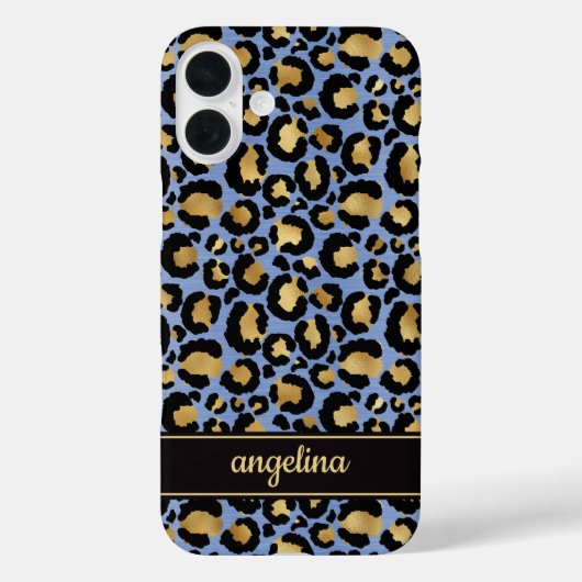 Gold Foil On Blue Leopard Print Monogrammed Case-Mate iPhone Case (Achterkant)