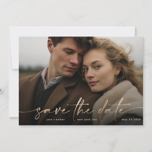 Gold Foil Onyx zwarte moderne foto lichtgevend Save The Date (Voorkant)