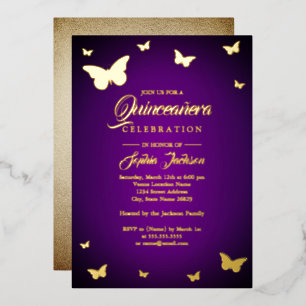 GOLD FOIL Paars Butterfly Quinceanera Folie Uitnodiging
