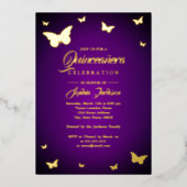 GOLD FOIL Paars Butterfly Quinceanera Folie Uitnodiging (Voorkant)